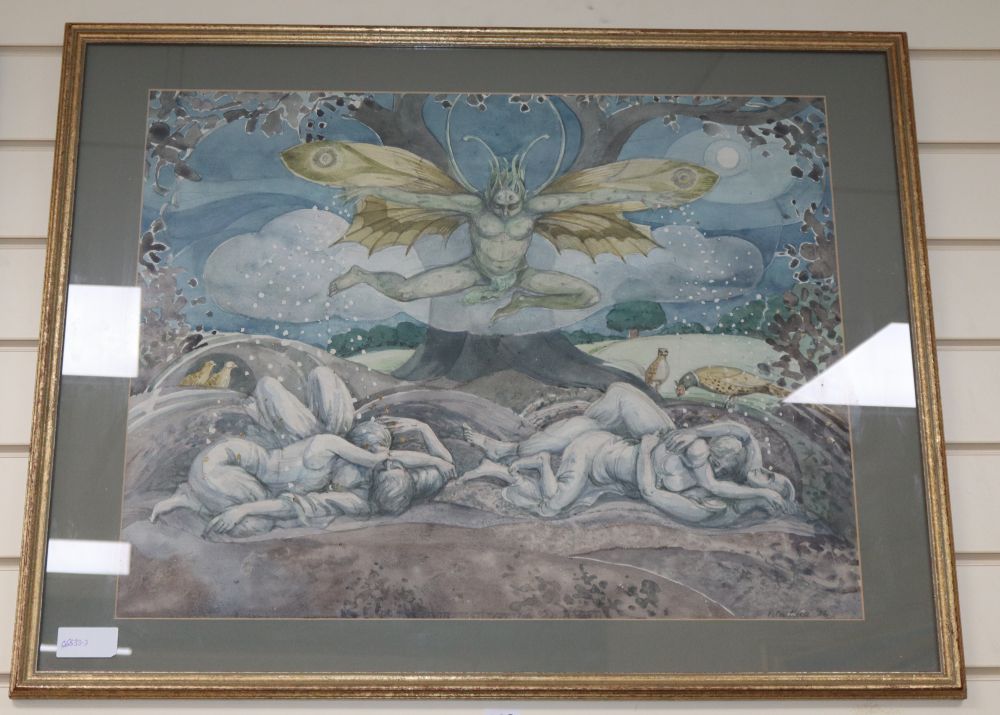 Peter Rice, watercolour, Fairy and sleeping lovers, signed and dated 86, 50 x 64cm